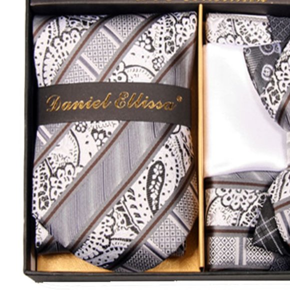 6 Piece White Silver Stripe Necktie & Bow Tie Set